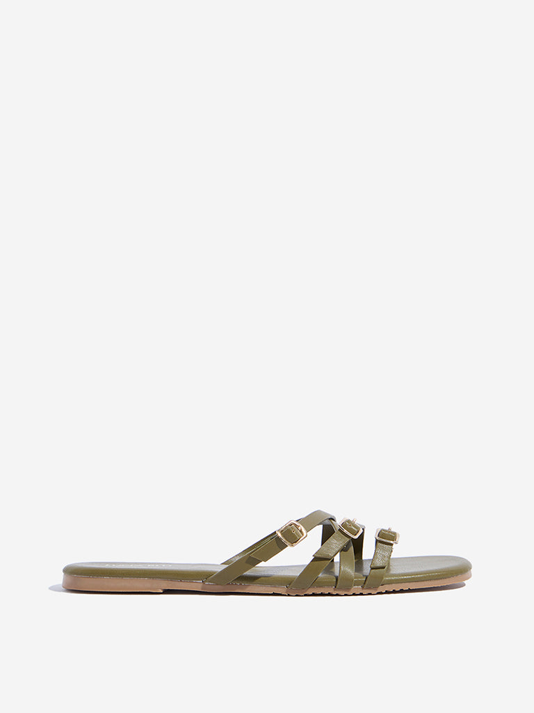 LUNA BLU Olive Multi-Strap Slip-On Sandals