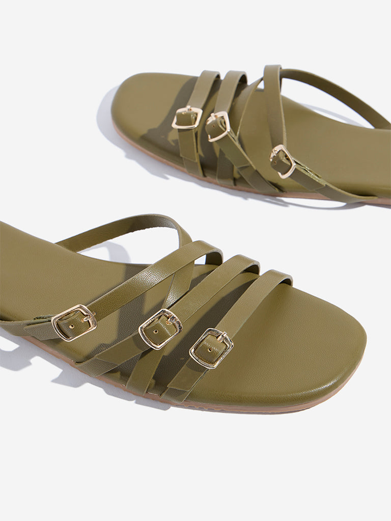 LUNA BLU Olive Multi-Strap Slip-On Sandals