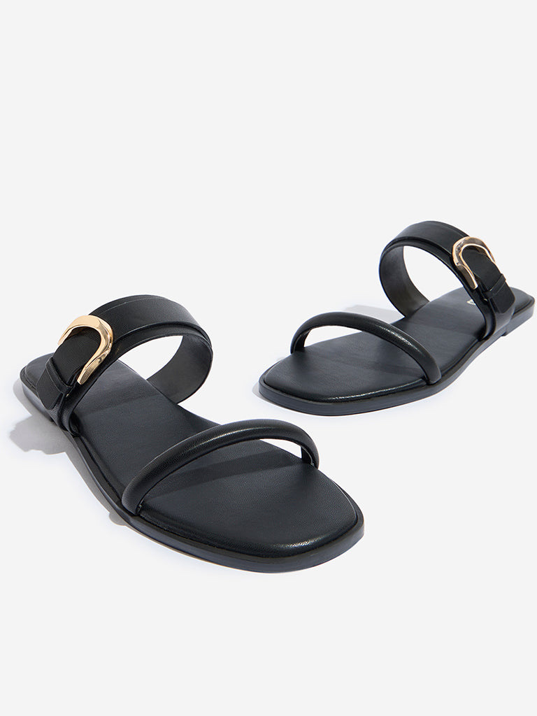 LUNA BLU Black Dual-Strap Buckled Sandals