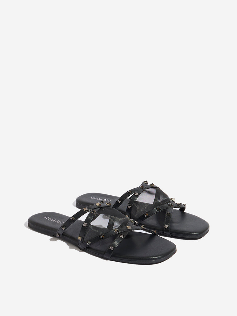 LUNA BLU Black Mesh Pyramid-Designed Slides