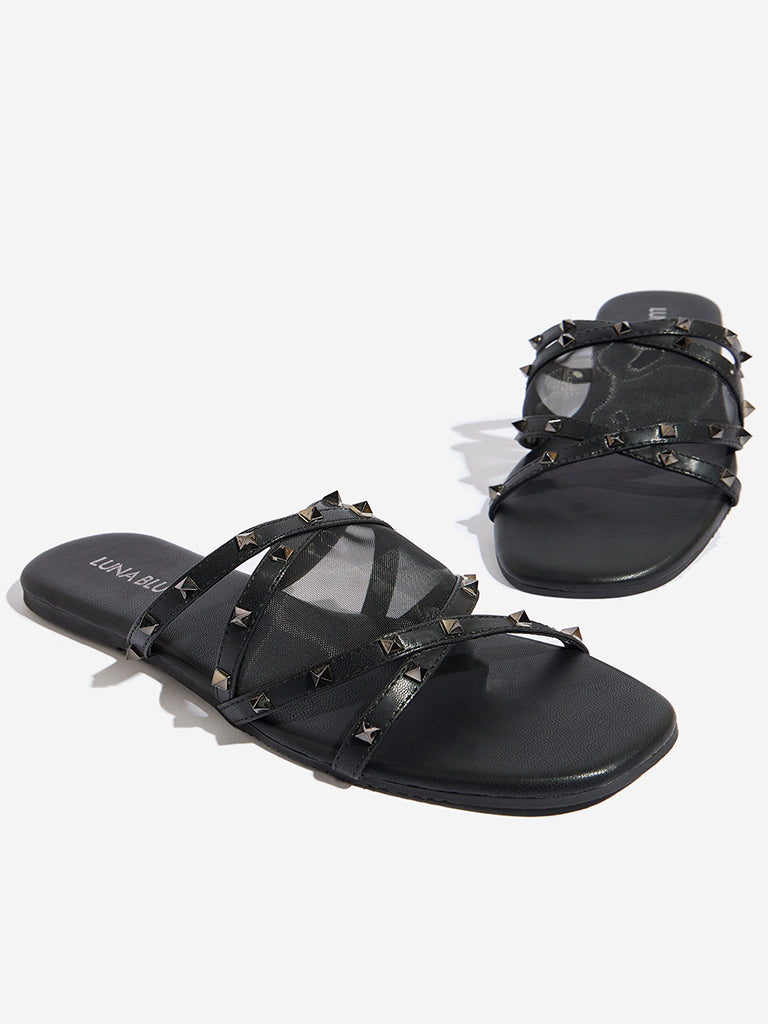 LUNA BLU Black Mesh Pyramid-Designed Slides