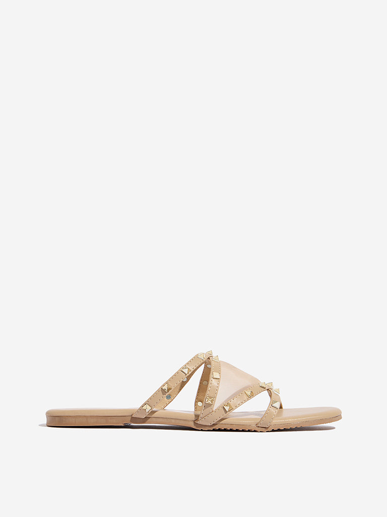 LUNA BLU Beige Mesh Pyramid-Designed Slides