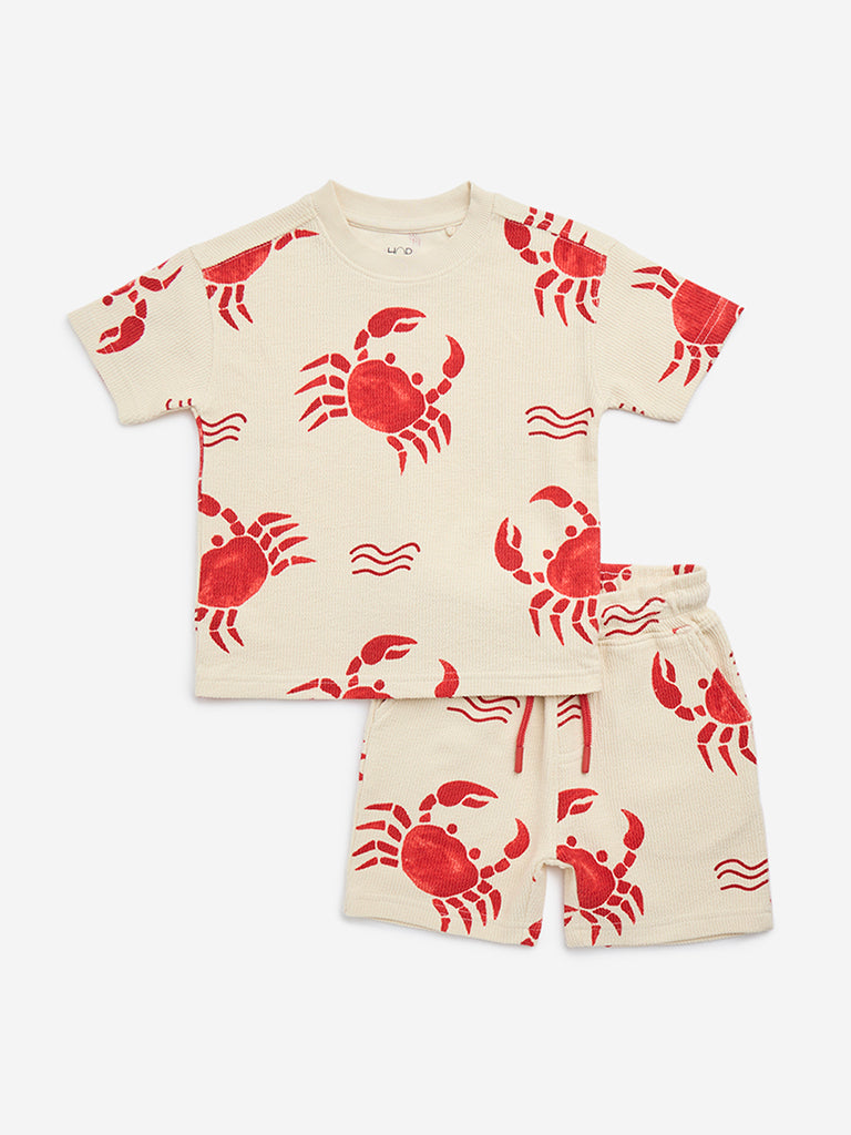 HOP Kids Red Animal Printed Cotton T-Shirt & Shorts Set