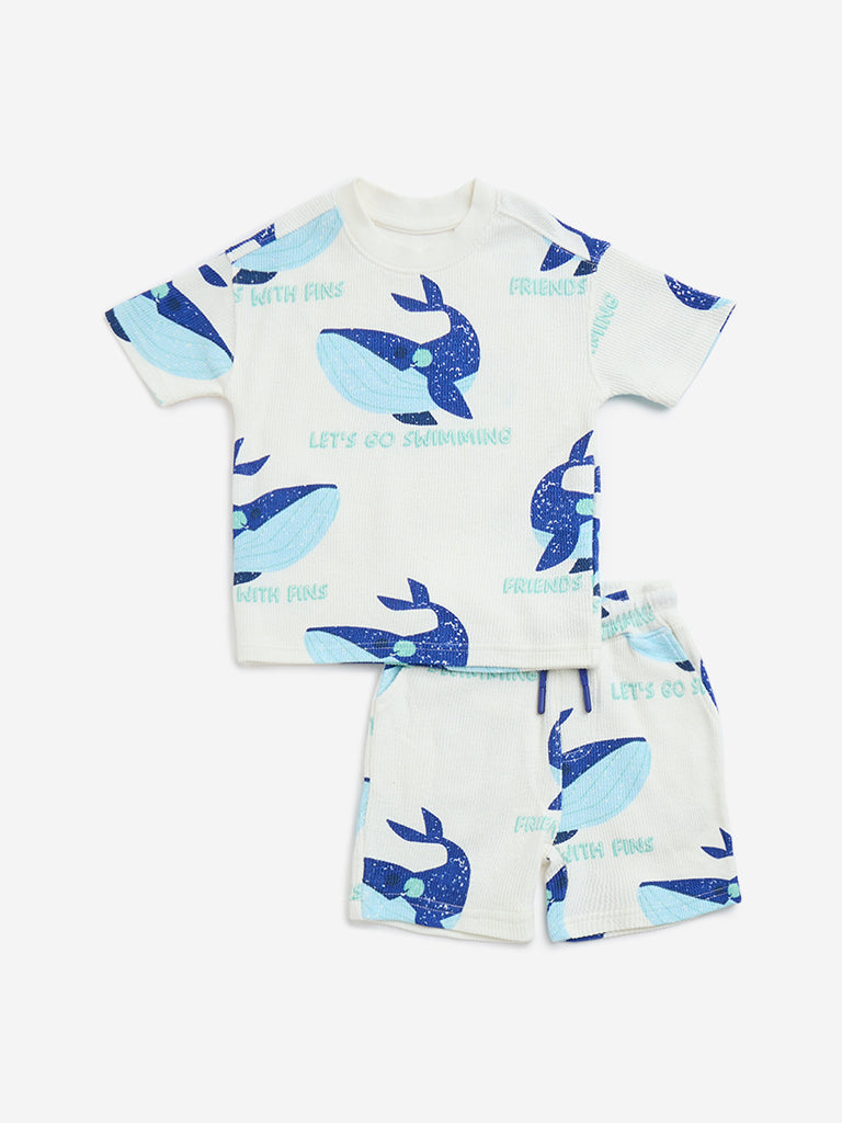 HOP Kids Off-White Fish Design Cotton T-Shirt & Shorts Set