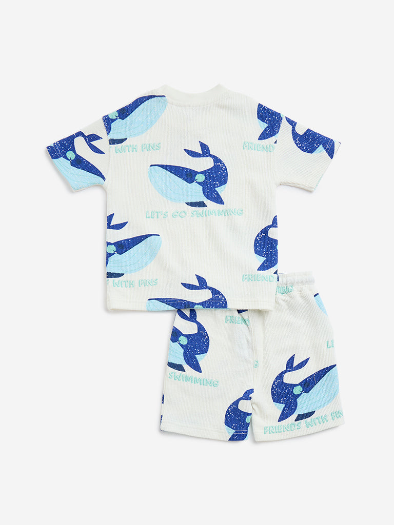 HOP Kids Off-White Fish Design Cotton T-Shirt & Shorts Set