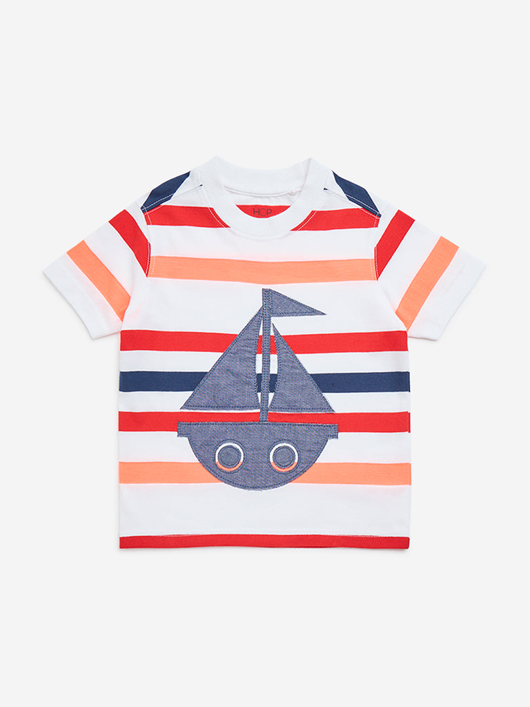 HOP Kids White Striped Design Cotton-Blend T-Shirt