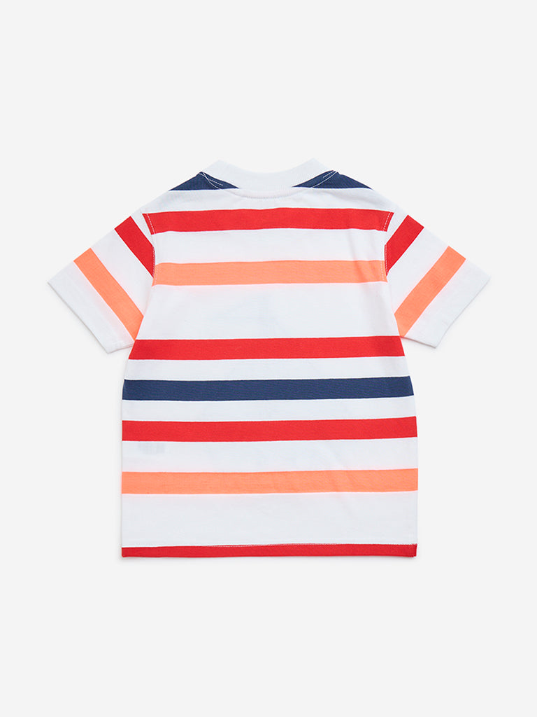 HOP Kids White Striped Design Cotton-Blend T-Shirt