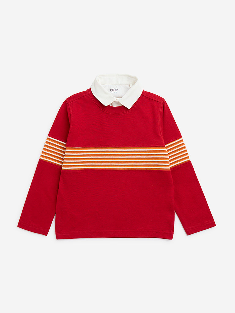 HOP Kids Red Striped Cotton T-Shirt