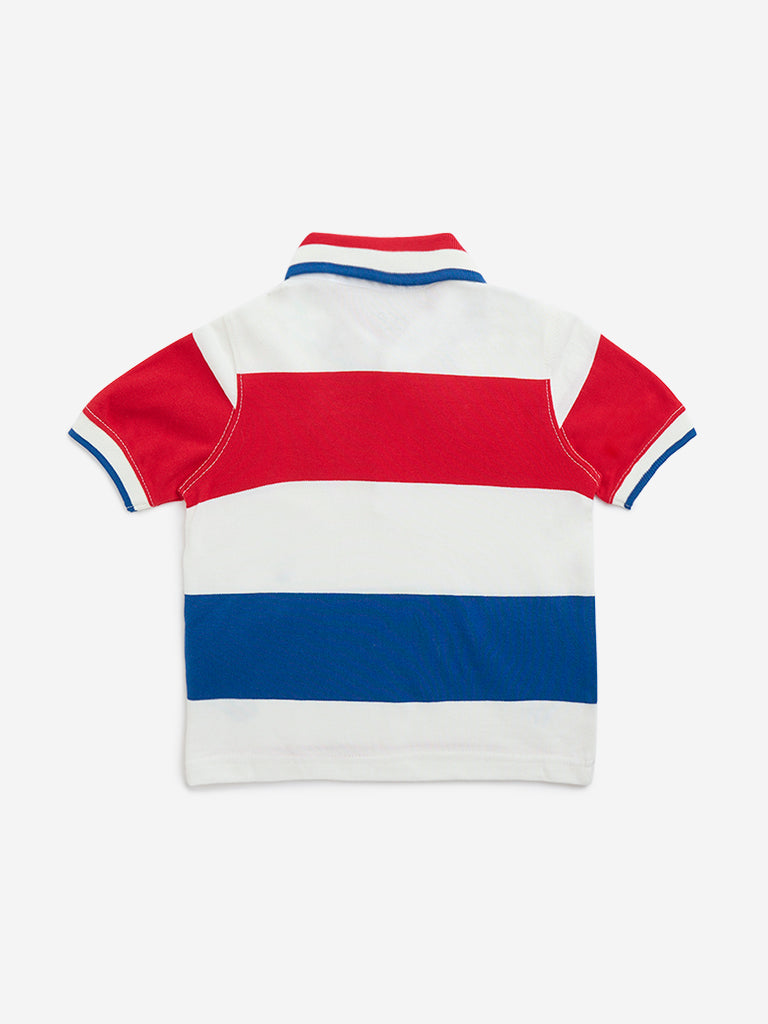 HOP Kids Red Colour-Blocked Cotton Polo T-Shirt