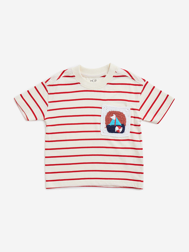 HOP Kids Off-White Stripe Printed Cotton T-Shirt