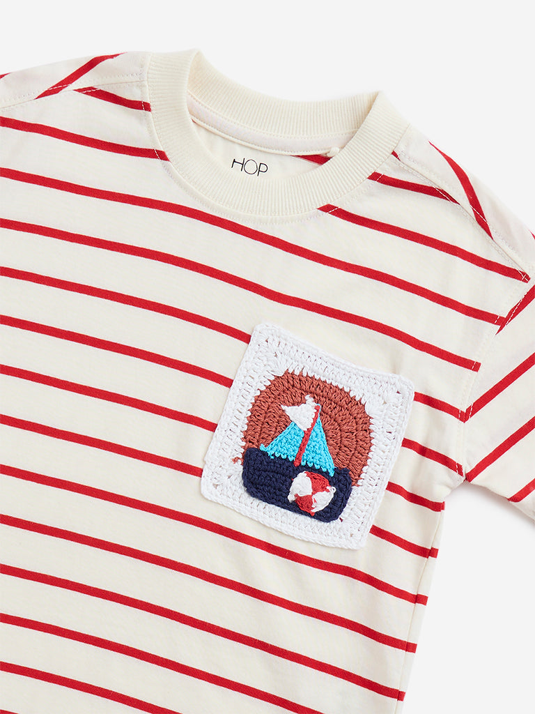 HOP Kids Off-White Stripe Printed Cotton T-Shirt