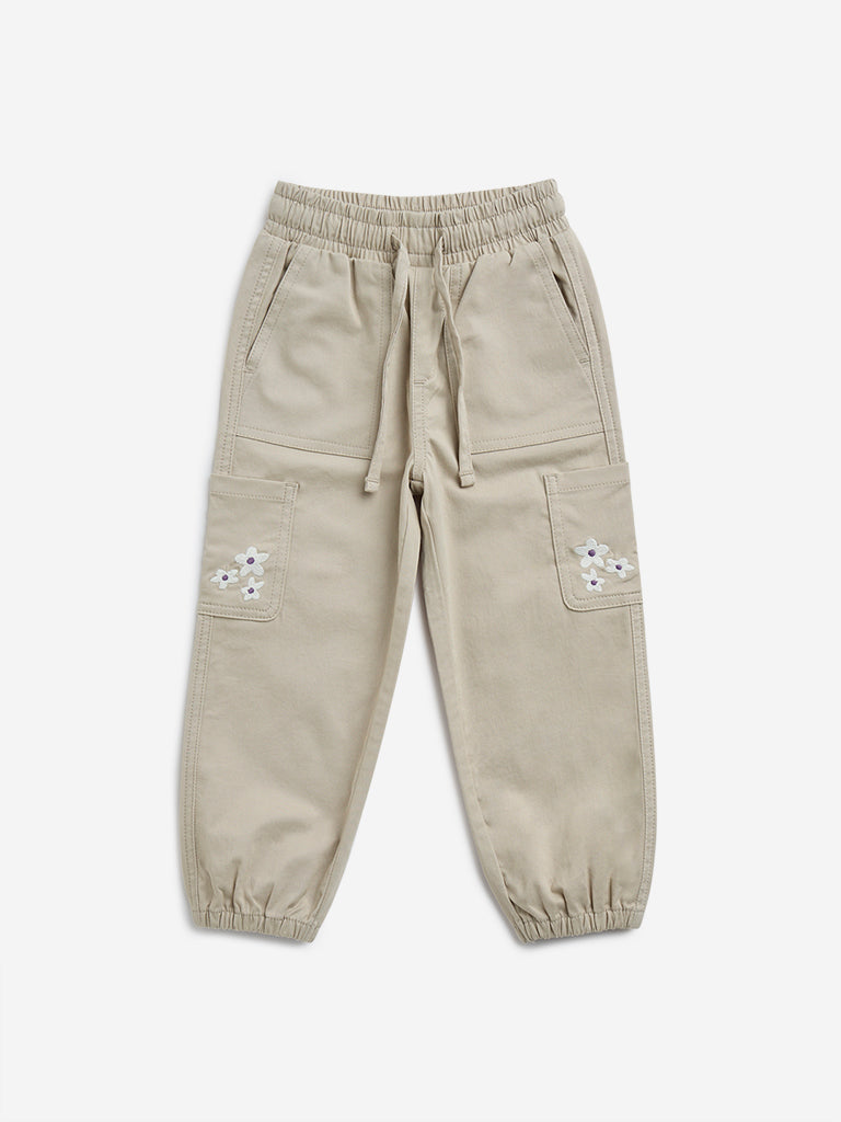 HOP Kids Beige Mid-Rise Cargo-Style Cotton-Blend Joggers