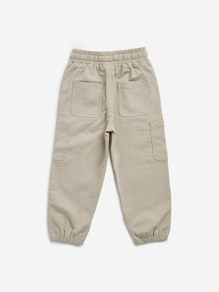 HOP Kids Beige Mid-Rise Cargo-Style Cotton-Blend Joggers