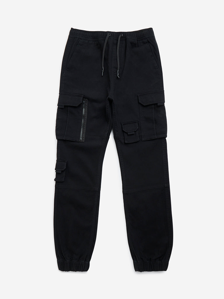 Y&F Kids Black Cargo-Style Mid-Rise Joggers