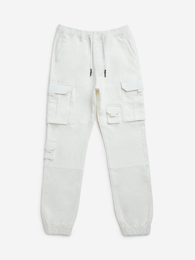 Y&F Kids White Cargo-Style Mid-Rise Cotton-Blend Joggers