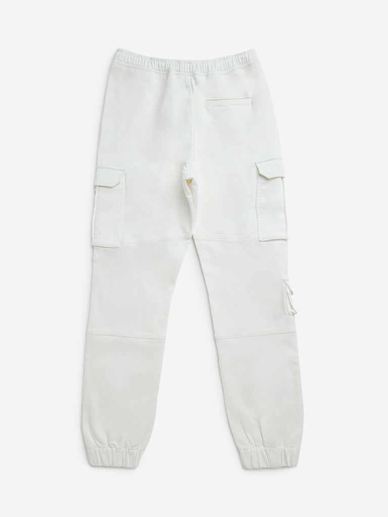 Y&F Kids White Cargo-Style Mid-Rise Cotton-Blend Joggers