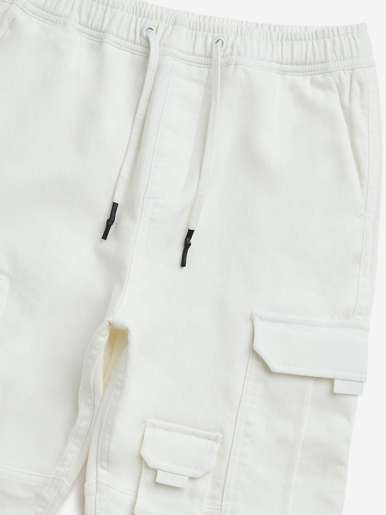 Y&F Kids White Cargo-Style Mid-Rise Cotton-Blend Joggers