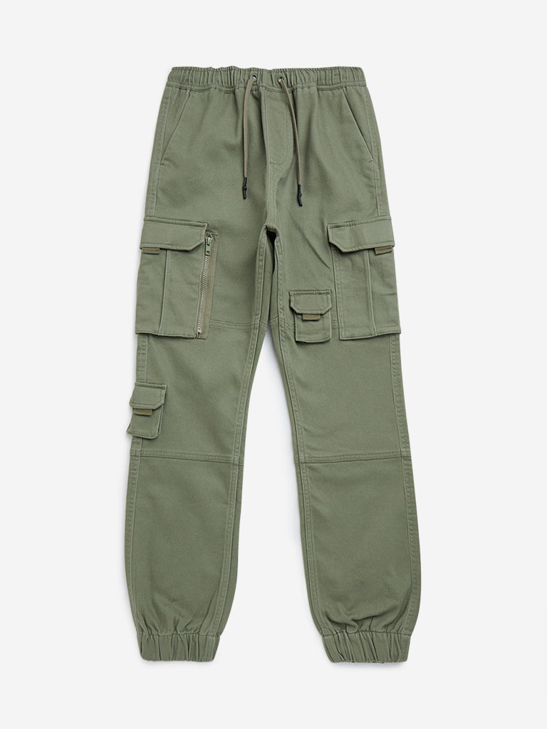 Y&F Kids Olive Mid-Rise Cotton-Blend Cargo Joggers