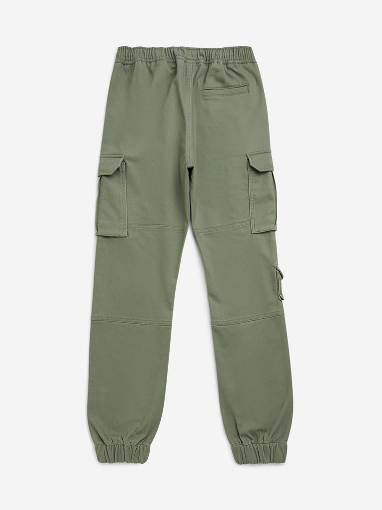 Y&F Kids Olive Mid-Rise Cotton-Blend Cargo Joggers