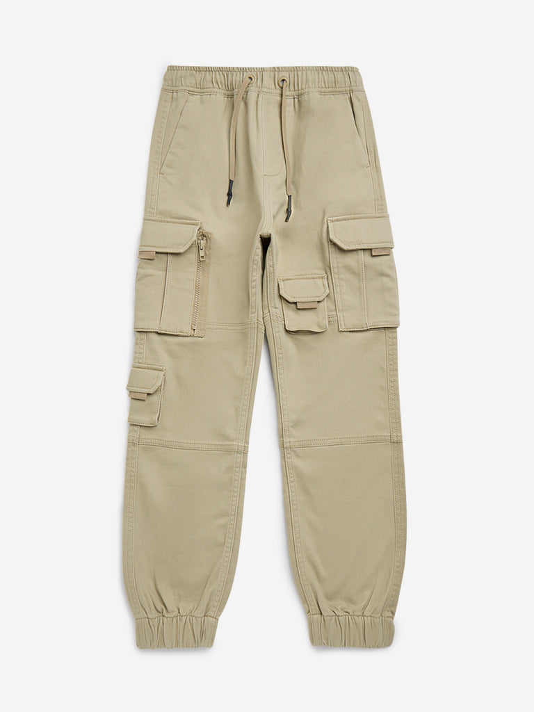 Y&F Kids Beige Cargo-Style Mid-Rise Cotton-Blend Joggers