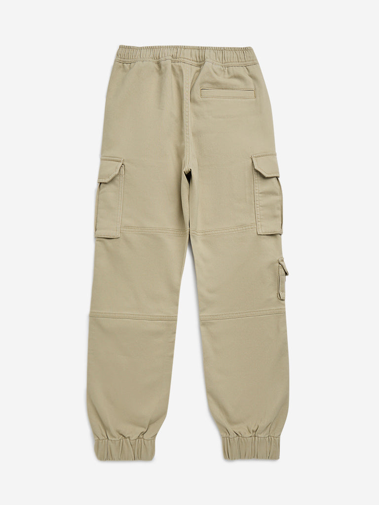 Y&F Kids Beige Cargo-Style Mid-Rise Cotton-Blend Joggers