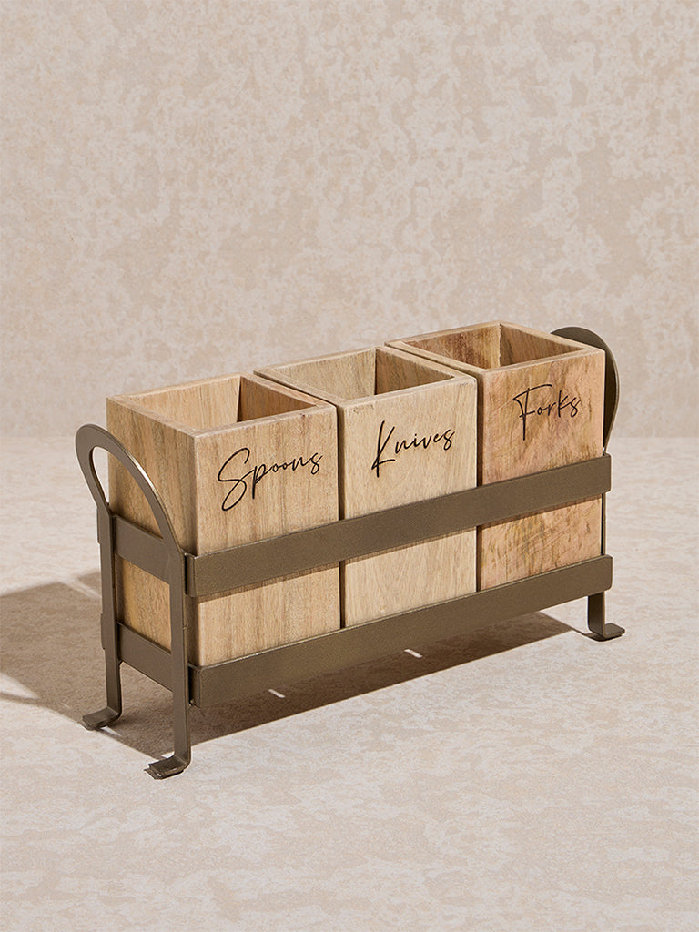 Westside Home Beige Wooden Cutlery Caddy