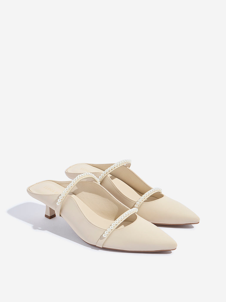 LUNA BLU Ivory Pearlescent Design Kitten Mules