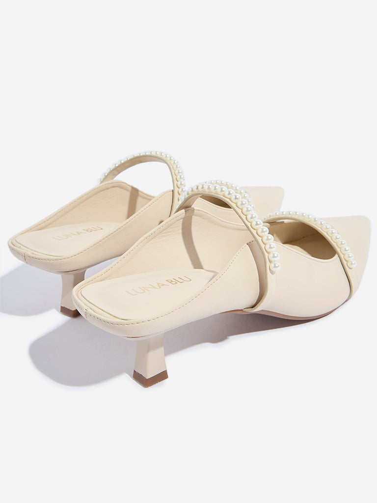 LUNA BLU Ivory Pearlescent Design Kitten Mules