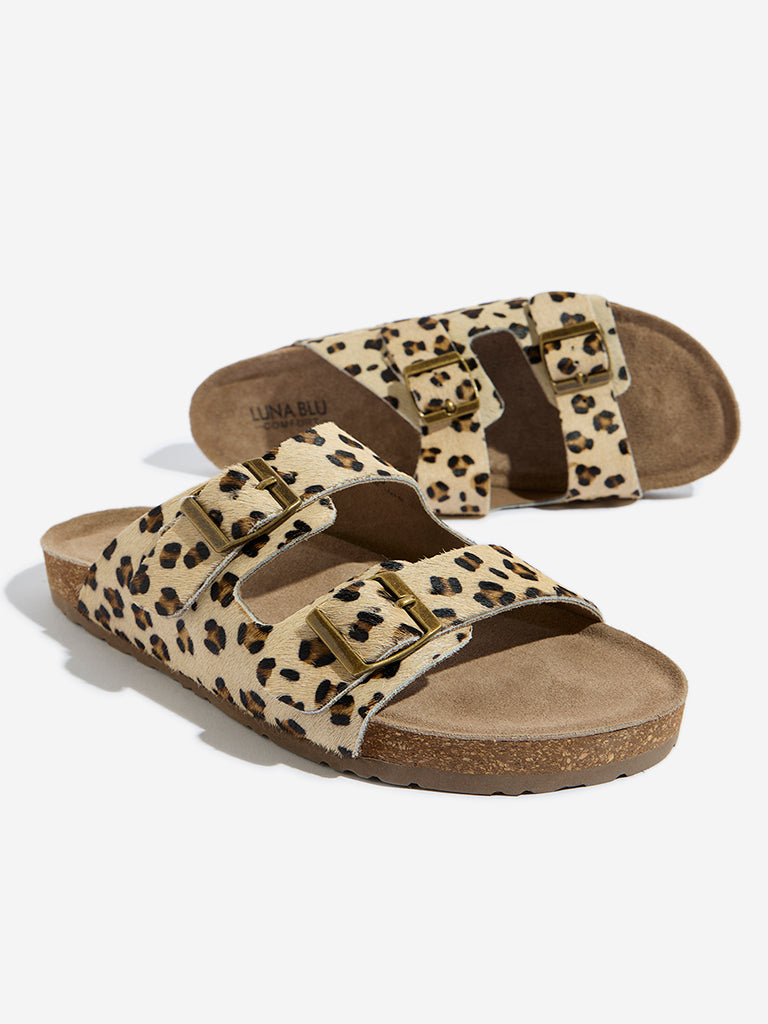 LUNA BLU Beige Animal Print Slides