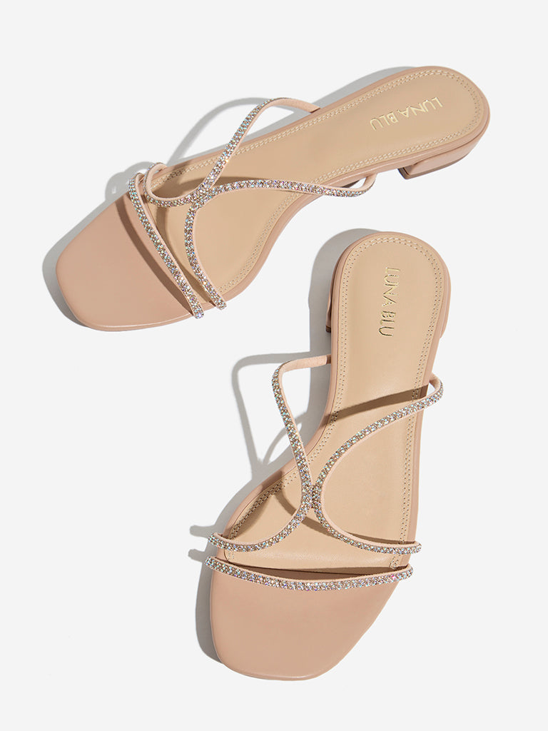 LUNA BLU Beige Diamante-Embellished Multi Strap Sandals