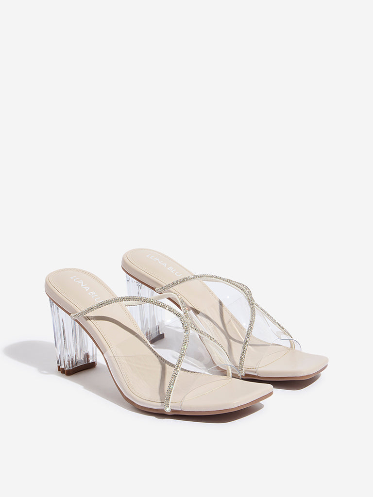 LUNA BLU Ivory Diamante Embellished Vinyl Heel Sandals