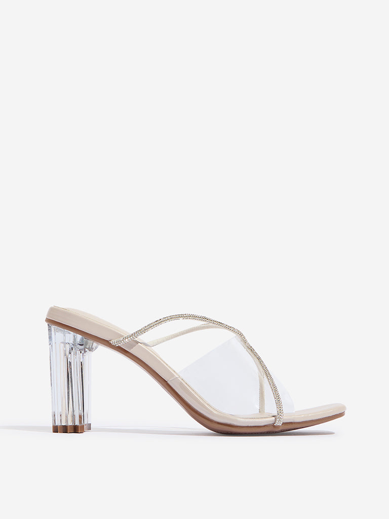 LUNA BLU Ivory Diamante Embellished Vinyl Heel Sandals