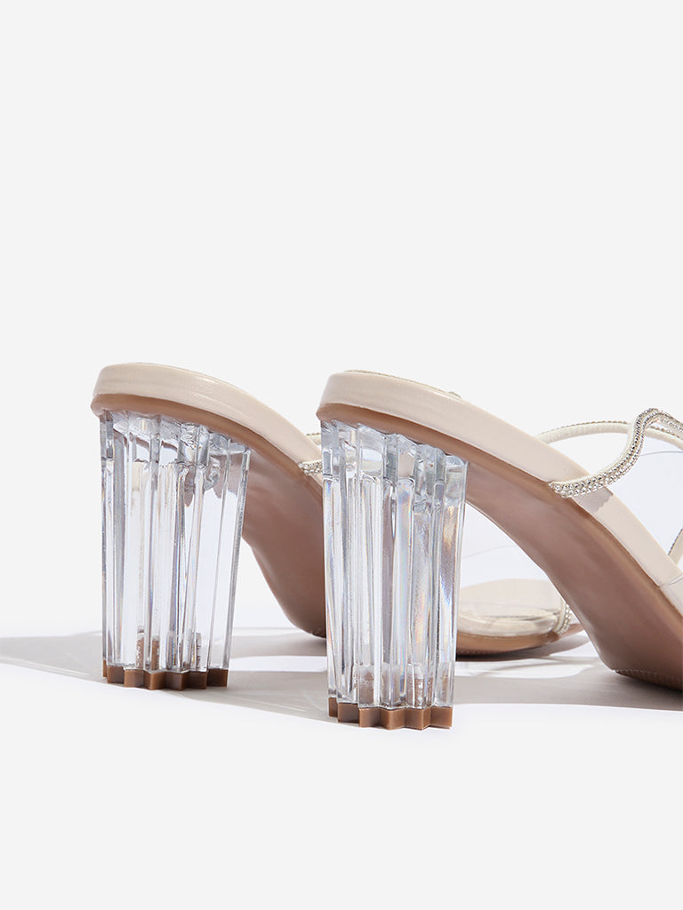 LUNA BLU Ivory Diamante Embellished Vinyl Heel Sandals