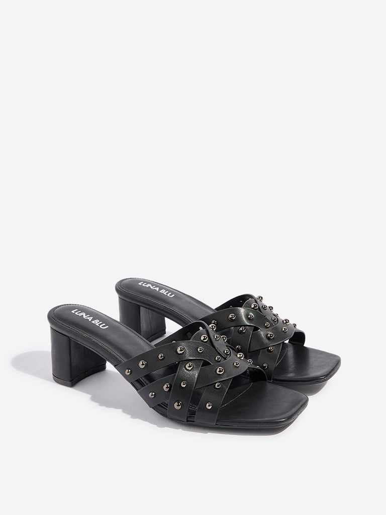 LUNA BLU Black Multi Strap Studded Heel Sandals