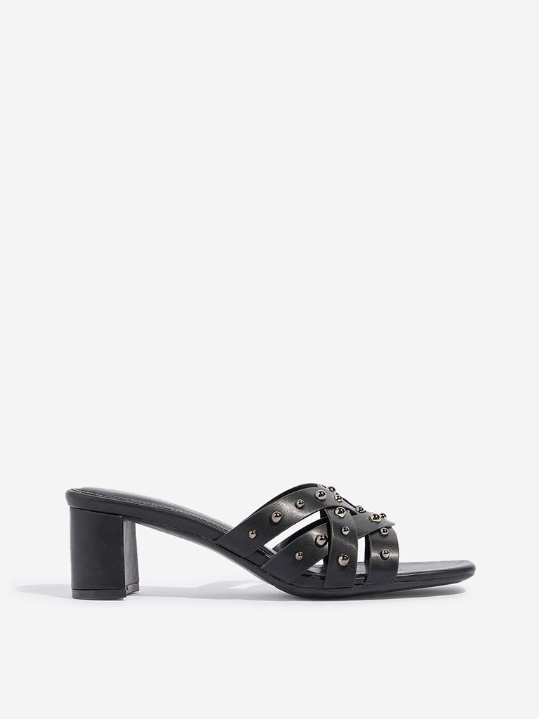 LUNA BLU Black Multi Strap Studded Heel Sandals