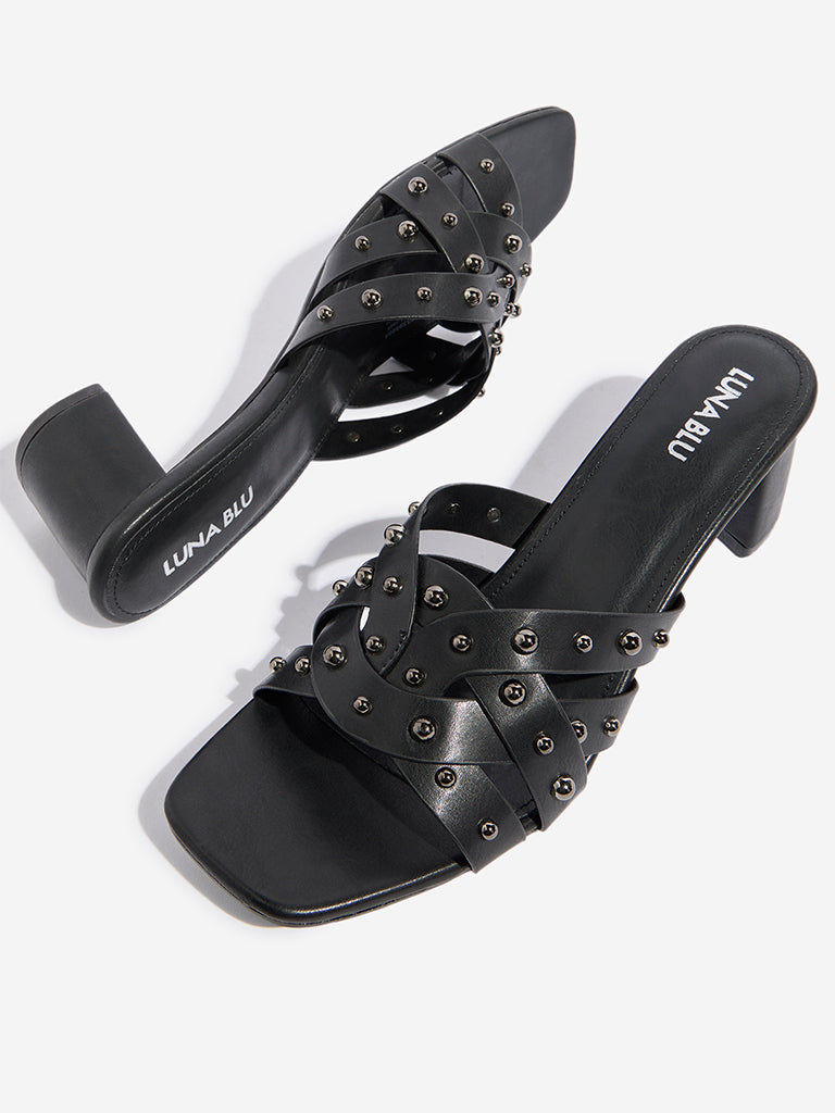 LUNA BLU Black Multi Strap Studded Heel Sandals