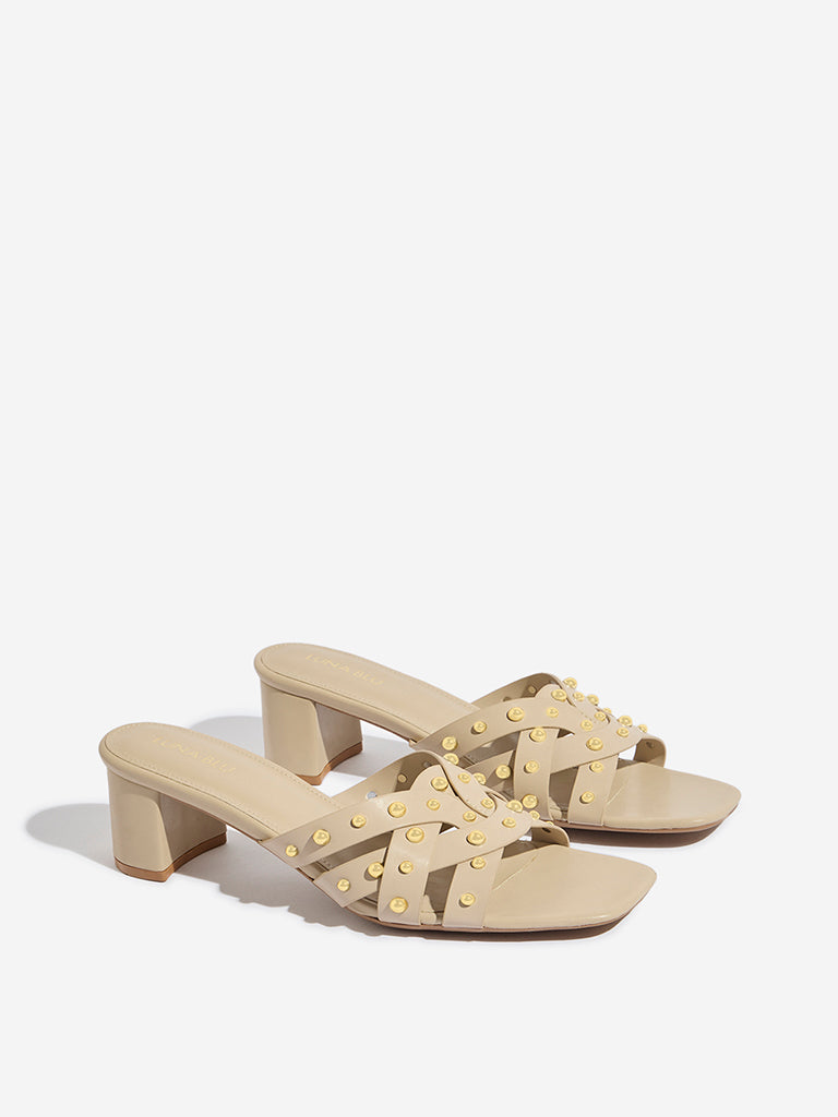 LUNA BLU Beige Stud-Detailed Block-Heel Sandals