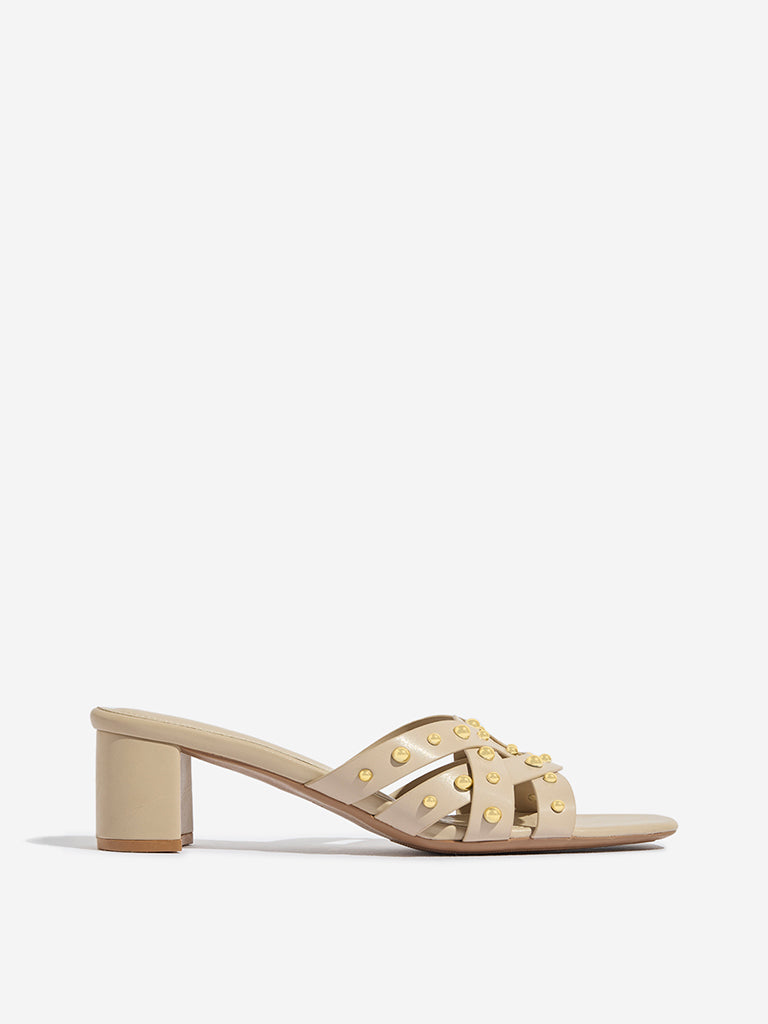 LUNA BLU Beige Stud-Detailed Block-Heel Sandals