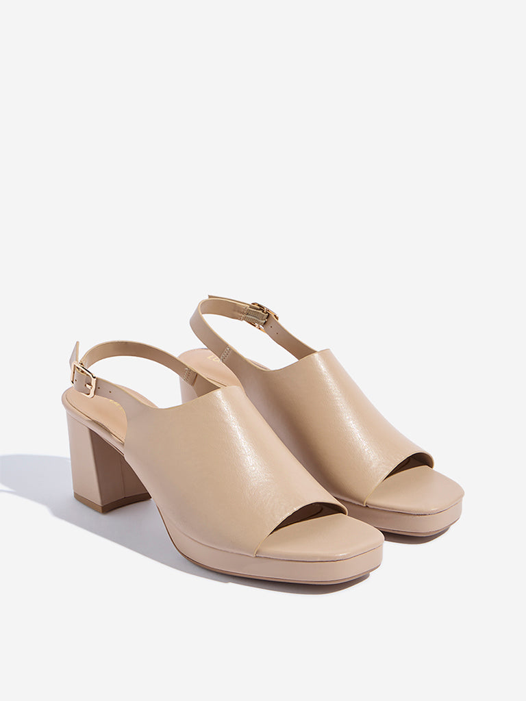 LUNA BLU Beige Peep-Toe Block Heel Sandals