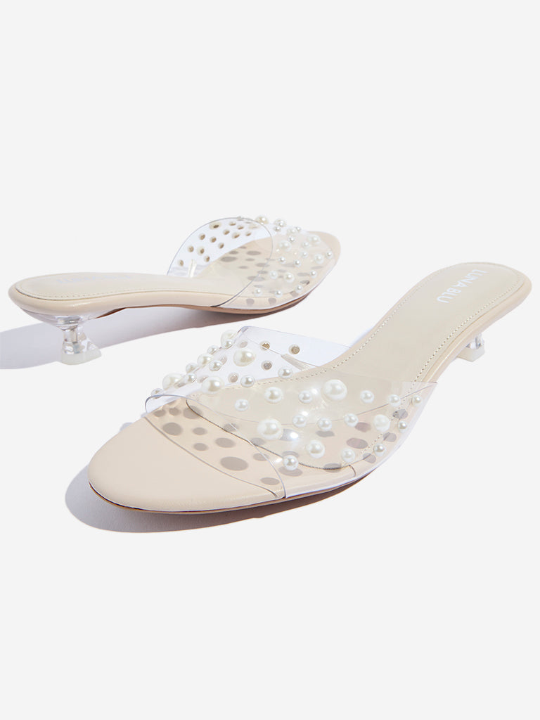 LUNA BLU Ivory Pearlescent Kitten Heel Sandals