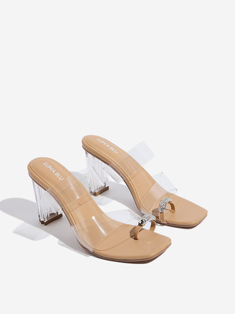 LUNA BLU Beige Toe-Ring Vinyl Heel Sandals