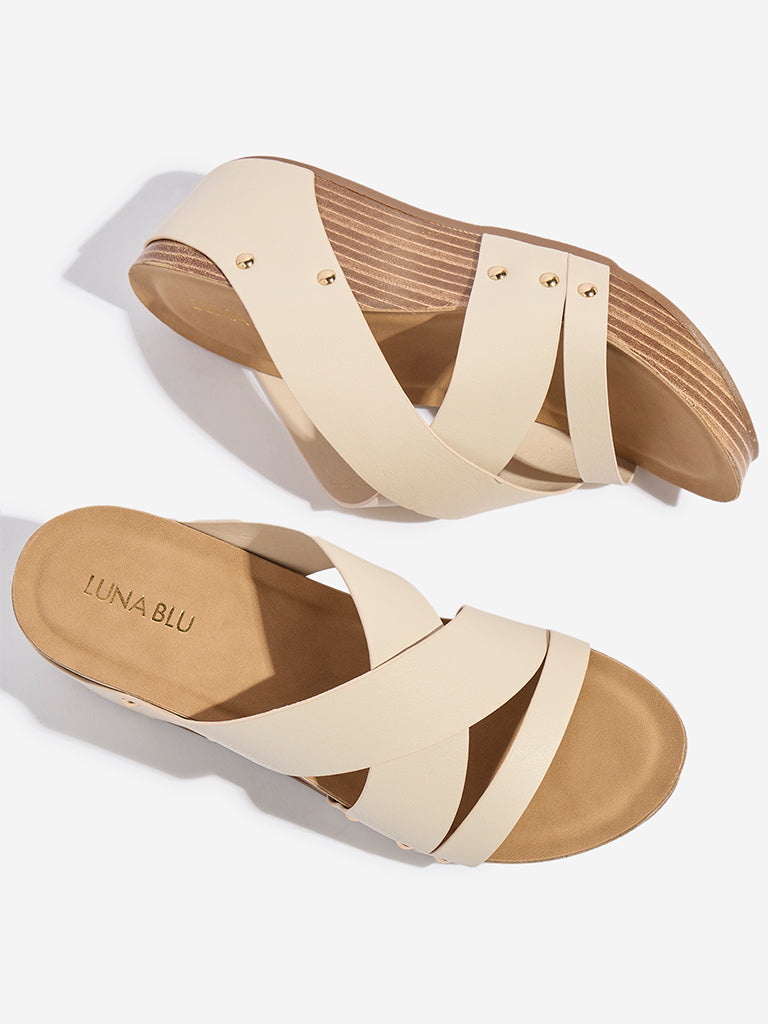 LUNA BLU Beige Criss-Cross Wedge-Heel Sandals