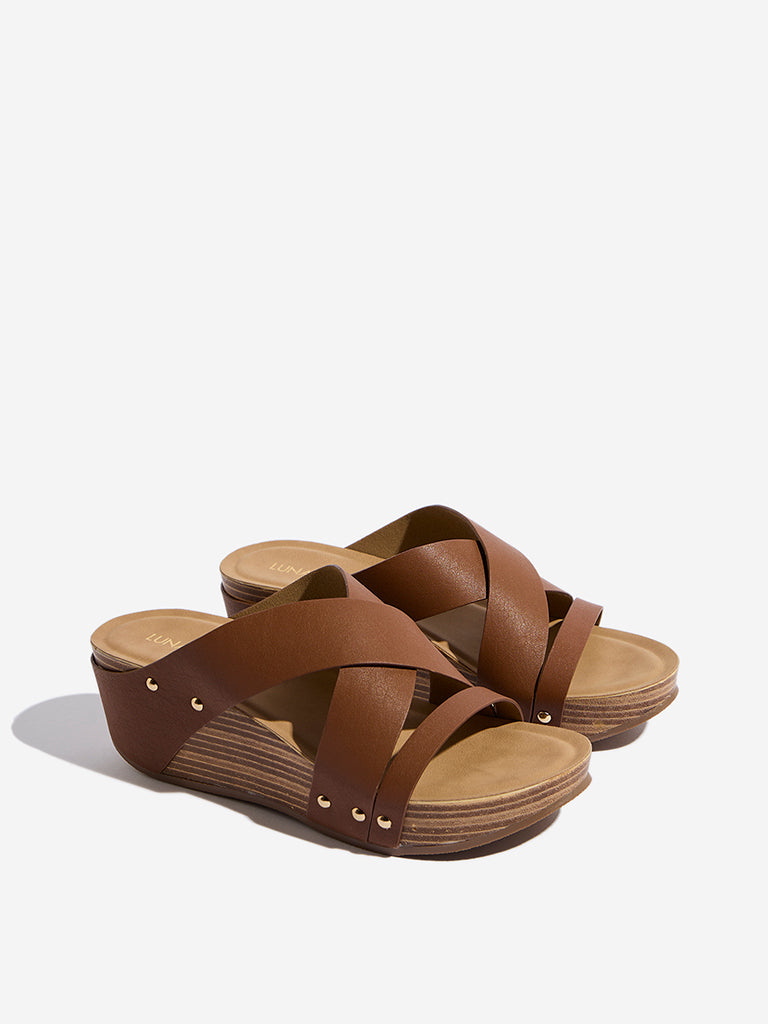 LUNA BLU Brown Criss-Cross Wedge-Heel Sandals