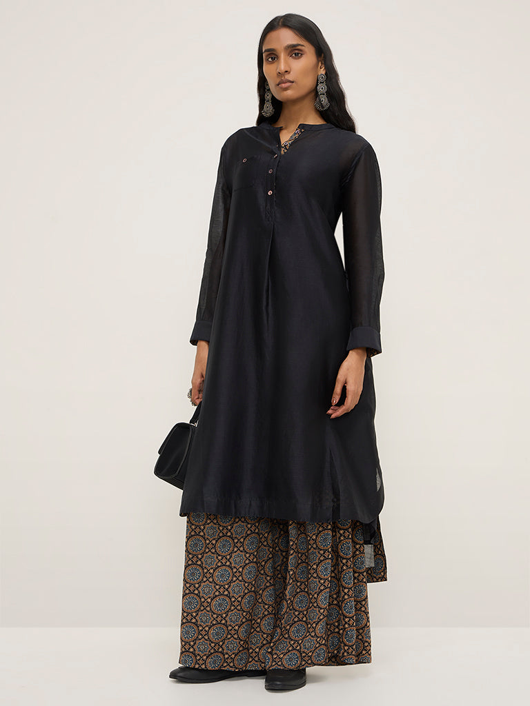 Zuba Black Printed High-Low Cotton Blend Kurta with Inner