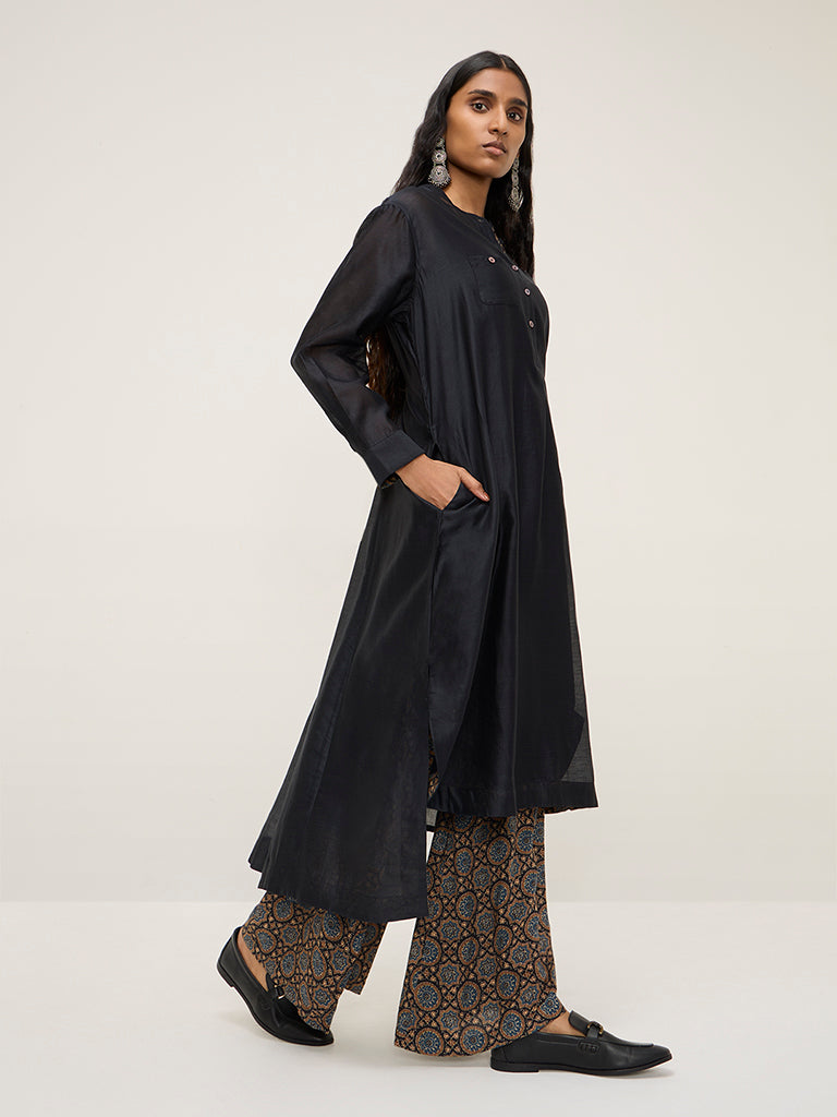 Zuba Black Printed High-Low Cotton Blend Kurta with Inner