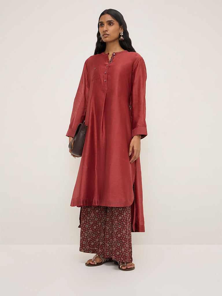 Zuba Maroon Floral High-Low Cotton Blend Kurta with Inner