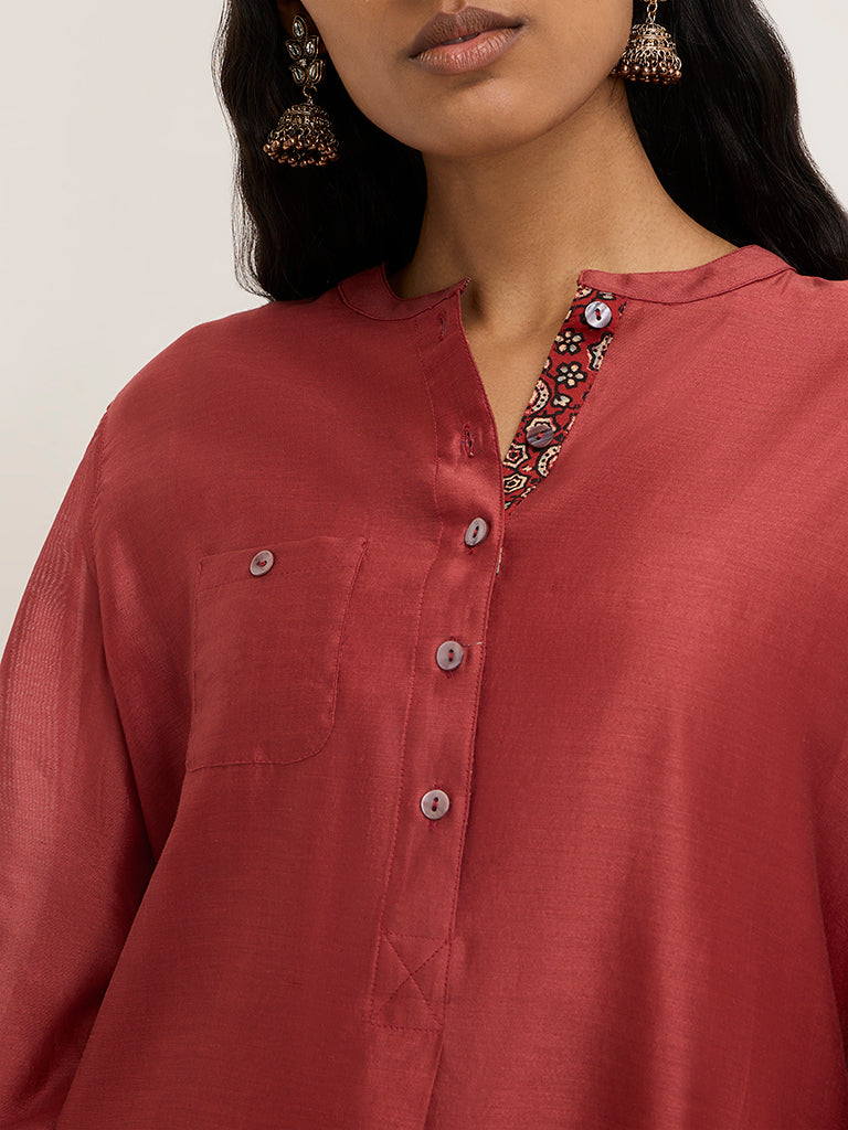 Zuba Maroon Floral High-Low Cotton Blend Kurta with Inner