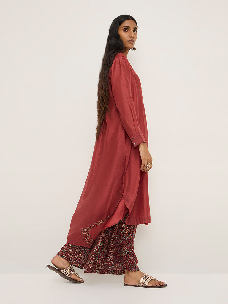 Zuba Maroon Floral High-Low Cotton Blend Kurta with Inner