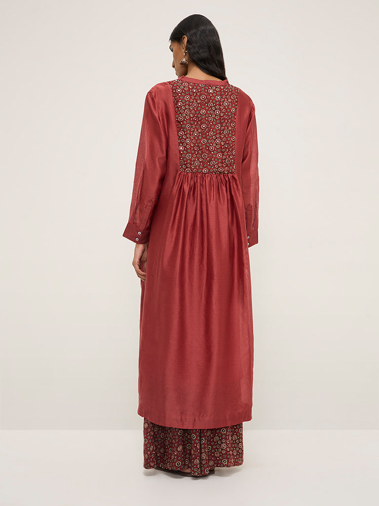 Zuba Maroon Floral High-Low Cotton Blend Kurta with Inner