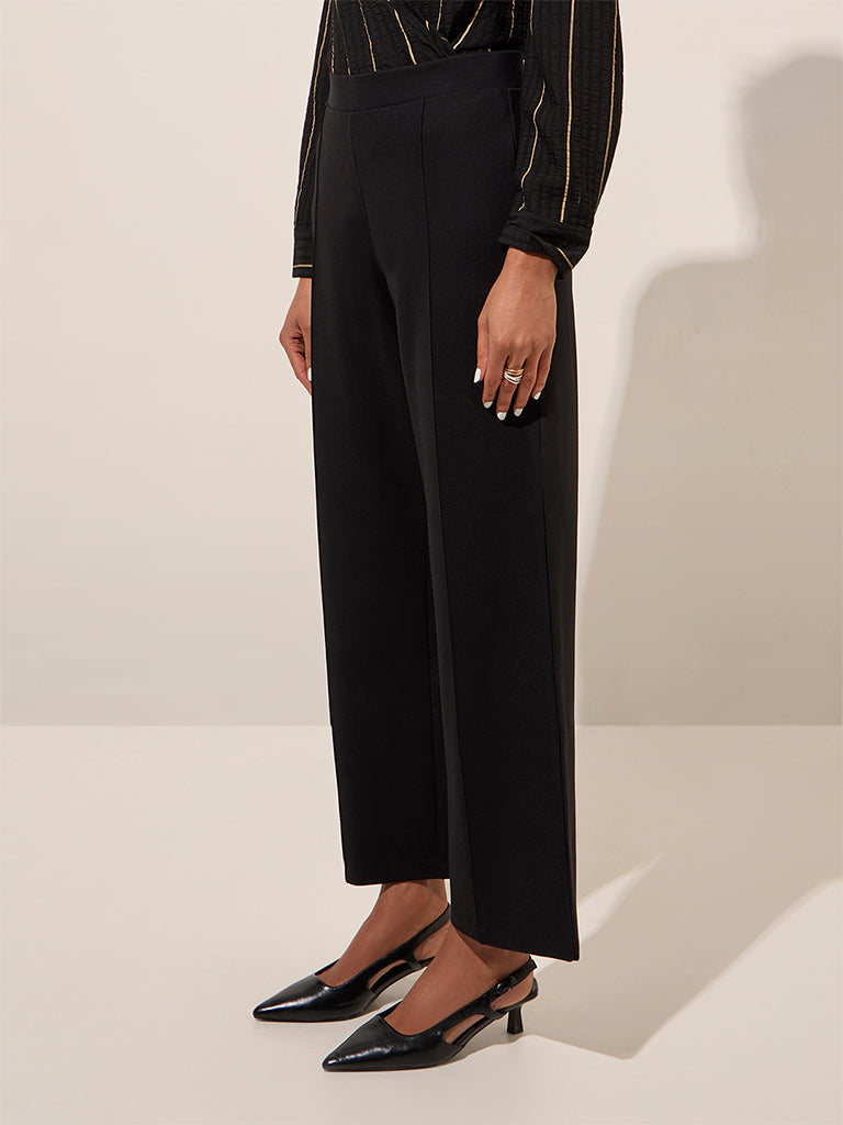 Wardrobe Black Solid High-Rise Formal Pants